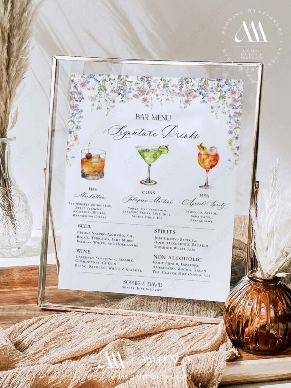 Wildflower Wedding Drink Sign Template | Cocktail Sign Printable | Drink Menu Sign Template