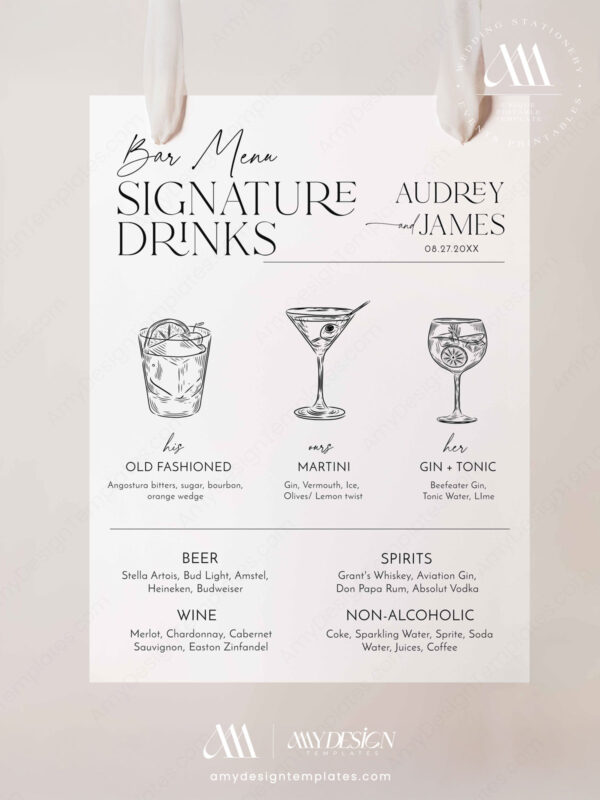 Minimal Wedding Bar Menu Template Editable | Signature Drink Sign Cocktails | Wedding Bar Sign
