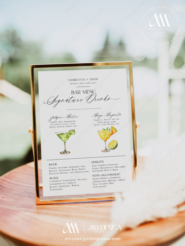 Wedding Signature Drink Bar Menu Template Printable | Cocktail Signature Drink Signs