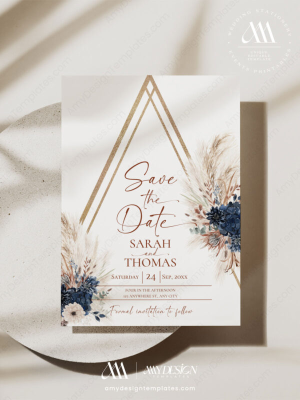 Bohemian Navy Wedding Save The Date Card Template