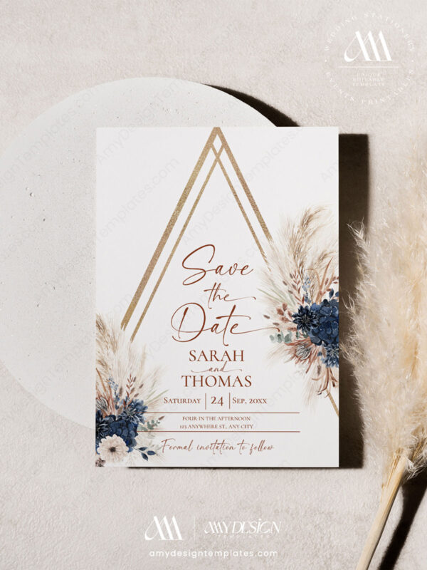 Bohemian Navy Wedding Save The Date Card Template