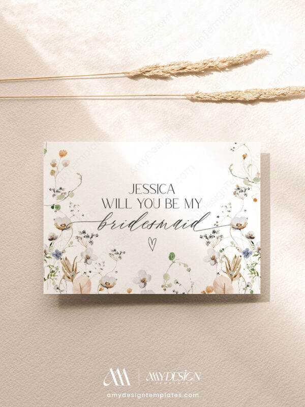 Wildflower Bridesmaid Proposal Card Template | Editable Be My Bridesmaid | Printable Bridesmaid Cards