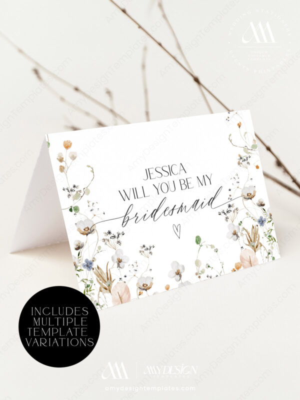 Wildflower Bridesmaid Proposal Card Template | Editable Be My Bridesmaid | Printable Bridesmaid Cards