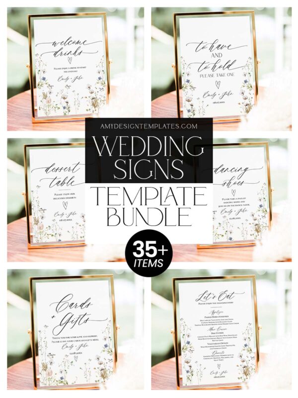 Wildflower Wedding Table Signs Bundle | Minimalist Wedding Reception Signs Template Bundle Printable