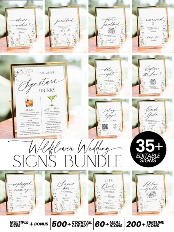 Wildflower Wedding Table Signs Bundle | Minimalist Wedding Reception Signs Template Bundle Printable