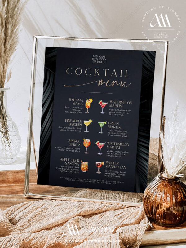 Cocktails Signature Drink Sign Template | Wedding Bar Sign | Bar Menu Editable Printable