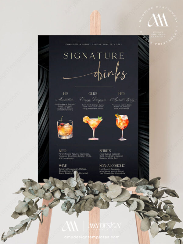 Modern Signature Drinks Sign Template | Bar Menu Template | Cocktail Watercolor Clipart