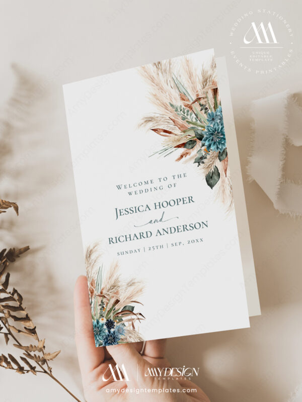 Rustic Teal Wedding Program Template | Boho Catholic Ceremony Printable Folded & 4x9 Double-Sided