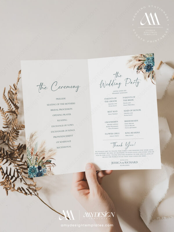 Rustic Teal Wedding Program Template | Boho Catholic Ceremony Printable Folded & 4x9 Double-Sided