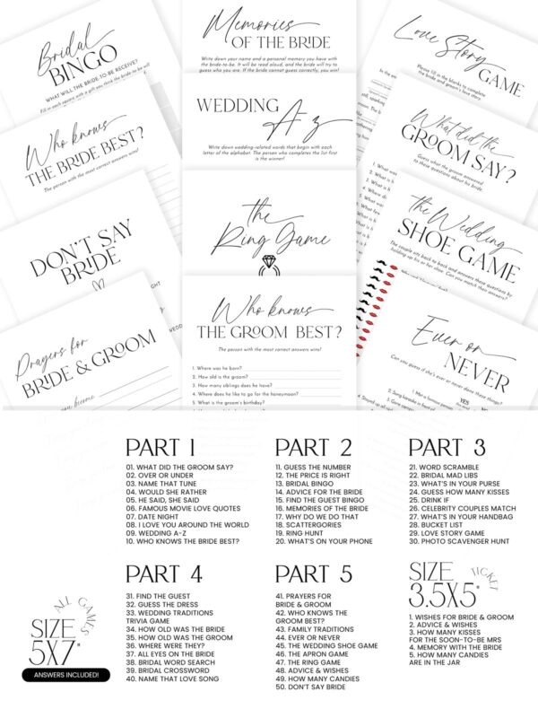 50 Bridal Shower Game Printable Bundle | Minimalist Shower Games Pack Fully Editable Download