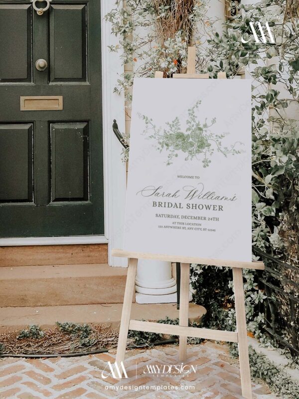 Minimalist French Toile Greenery Bridal Shower Sign Template | Editable Printable Signage