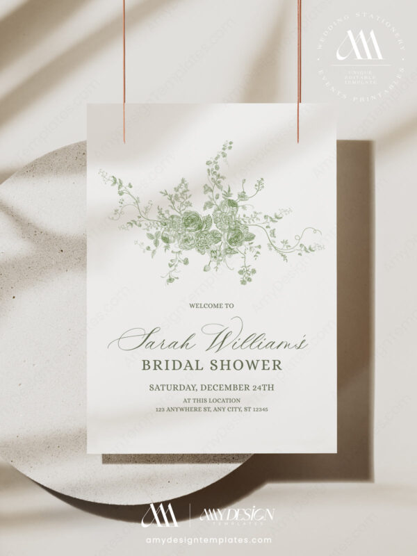 Minimalist French Toile Greenery Bridal Shower Sign Template | Editable Printable Signage