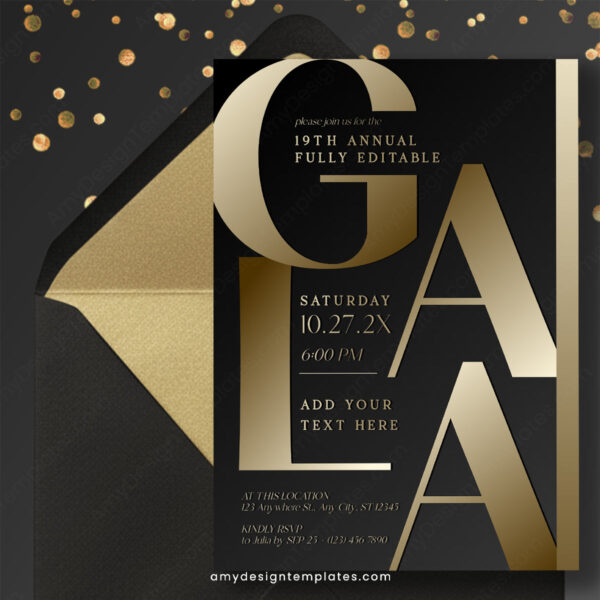 Elegant Gold and Black Gala Invitation Template | Printable Gala Dinner Party Invite