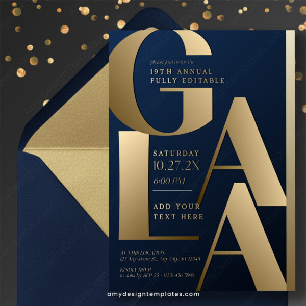 Editable Formal Gala Event Invitation Template Navy Gold | Luxury Fundraiser Ball Dinner
