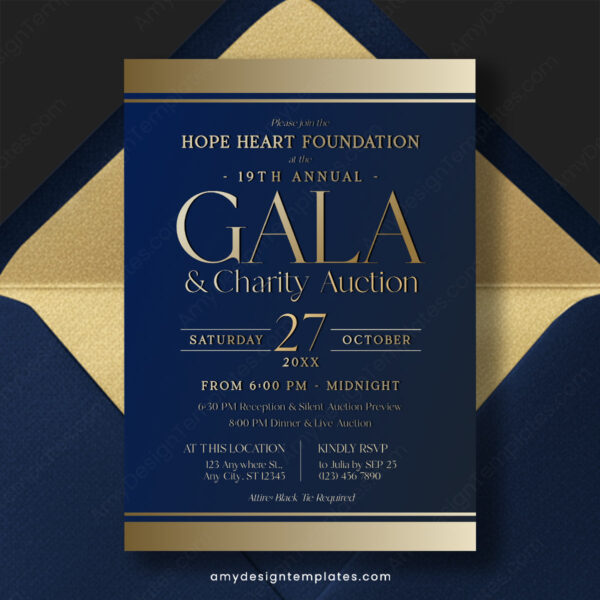 Gala Charity Auction Invitation Template | Navy Blue Gold Fundraiser Event Invite