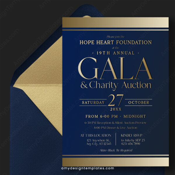 Gala Charity Auction Invitation Template | Navy Blue Gold Fundraiser Event Invite