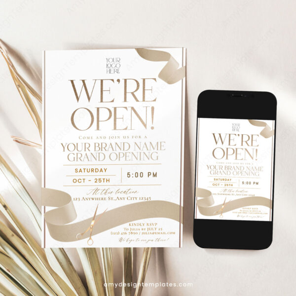 Minimalist Editable Business Launch Invitation Template | Gold Glitter Ribbon Cutting