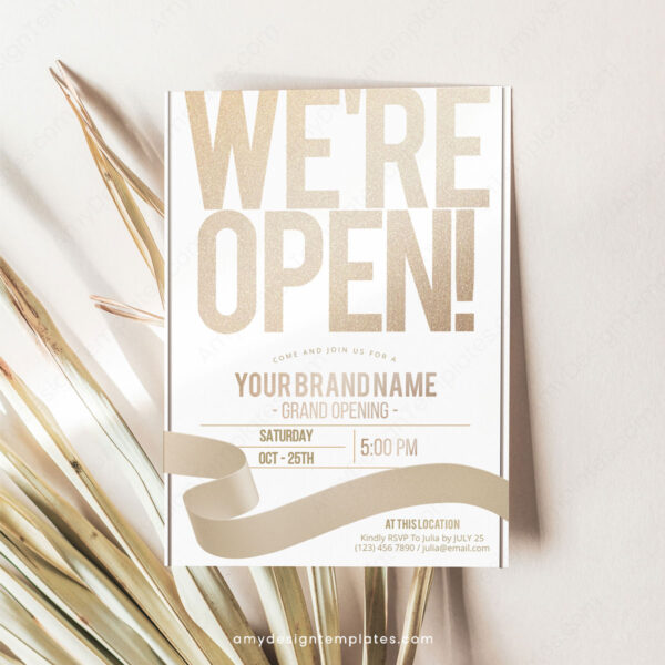 Minimalist Gold Grand Opening Invitation Template | Editable DIY Business Launch Flyer
