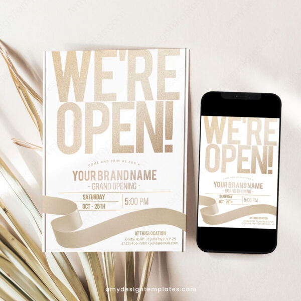 Minimalist Gold Grand Opening Invitation Template | Editable DIY Business Launch Flyer