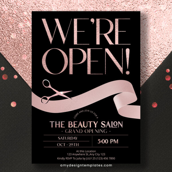Luxury Rose Gold Grand Opening Invitation Template | Ribbon Cutting Beauty Salon Flyer