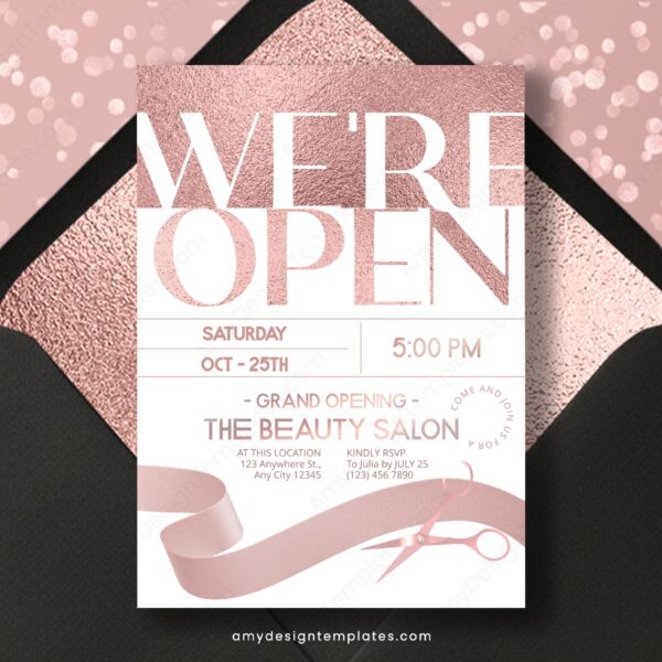 Chic Rose Gold Foil Grand Opening Invitation Template | Editable Beauty Salon Business Launch