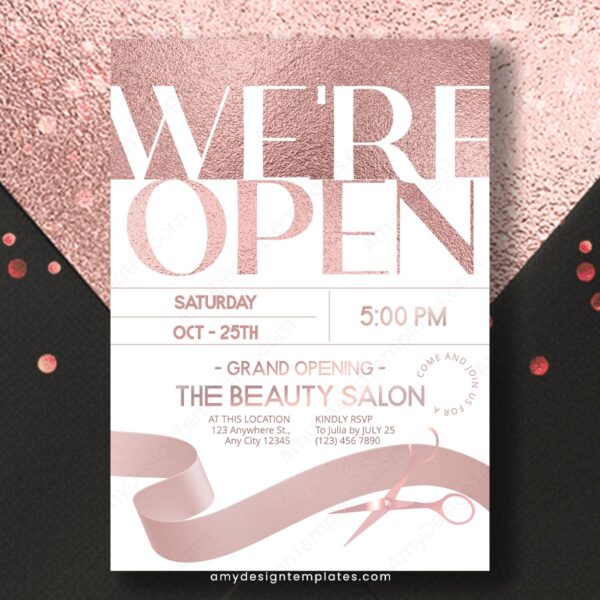 Chic Rose Gold Foil Grand Opening Invitation Template | Editable Beauty Salon Business Launch