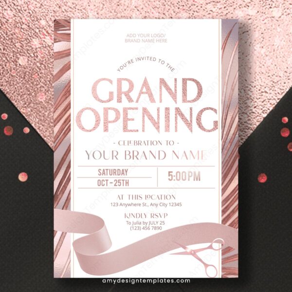 Elegant Rose Gold Grand Opening Invitation Template | Editable DIY Foil Ribbon Cutting Event Flyer