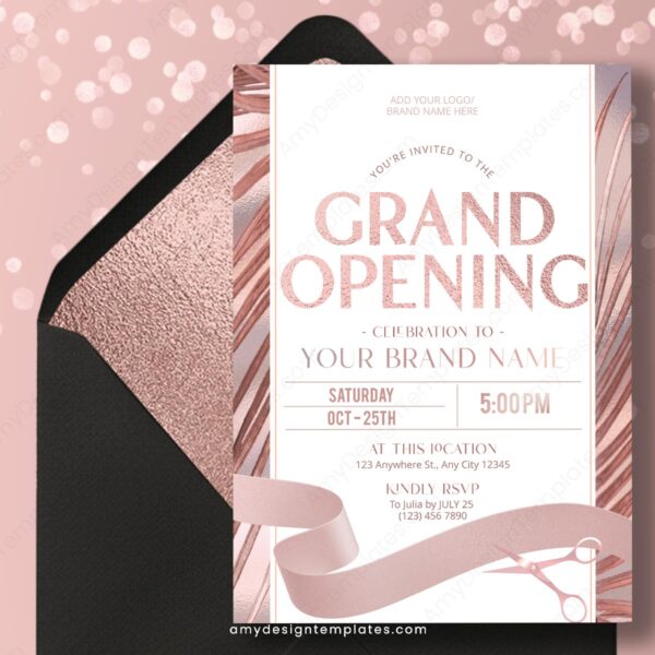 Elegant Rose Gold Grand Opening Invitation Template | Editable DIY Foil Ribbon Cutting Event Flyer