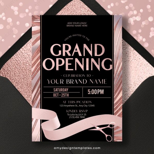 Luxury Black and Rose Gold Grand Opening Invitation Template | Editable Foil Ribbon Cutting Ceremony Flyer