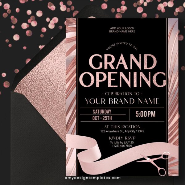 Luxury Black and Rose Gold Grand Opening Invitation Template | Editable Foil Ribbon Cutting Ceremony Flyer