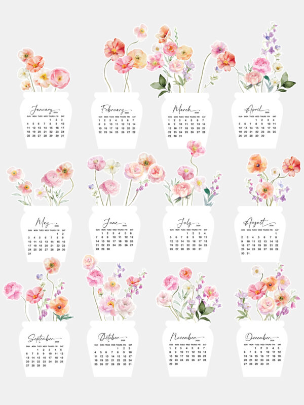 Bright Floral Desk Calendar Printable 2026 | Watercolor Flower Vase Monthly Planner | Cute Aesthetic Home Office Decor Digital Download