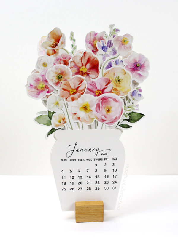 Bright Floral Desk Calendar Printable 2026 | Watercolor Flower Vase Monthly Planner