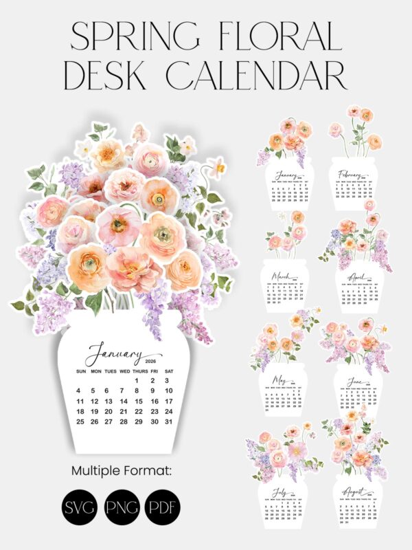 Spring Floral Desk Calendar 2026 Printable | Monthly Calendar Cutting Cricut SVG PNG | Pastel Watercolor Flowers