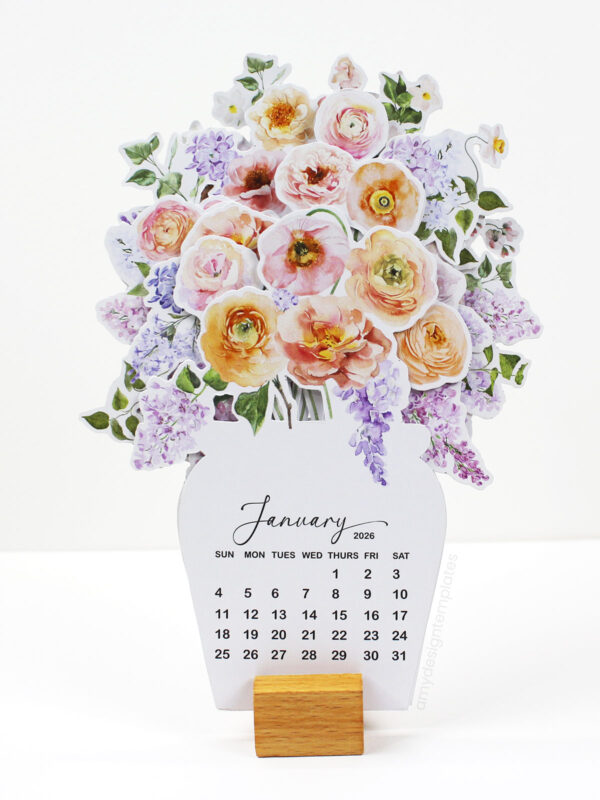 Spring Floral Desk Calendar 2026 Printable | Peach Purple Flowers Monthly Calendar Cutting Cricut SVG PNG | Pastel Watercolor Flowers
