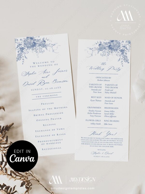 French Toile Wedding Program Template Monogram, Blue Toile de Jouy Ceremony Program Card, Editable Digital Canva Wedding Download