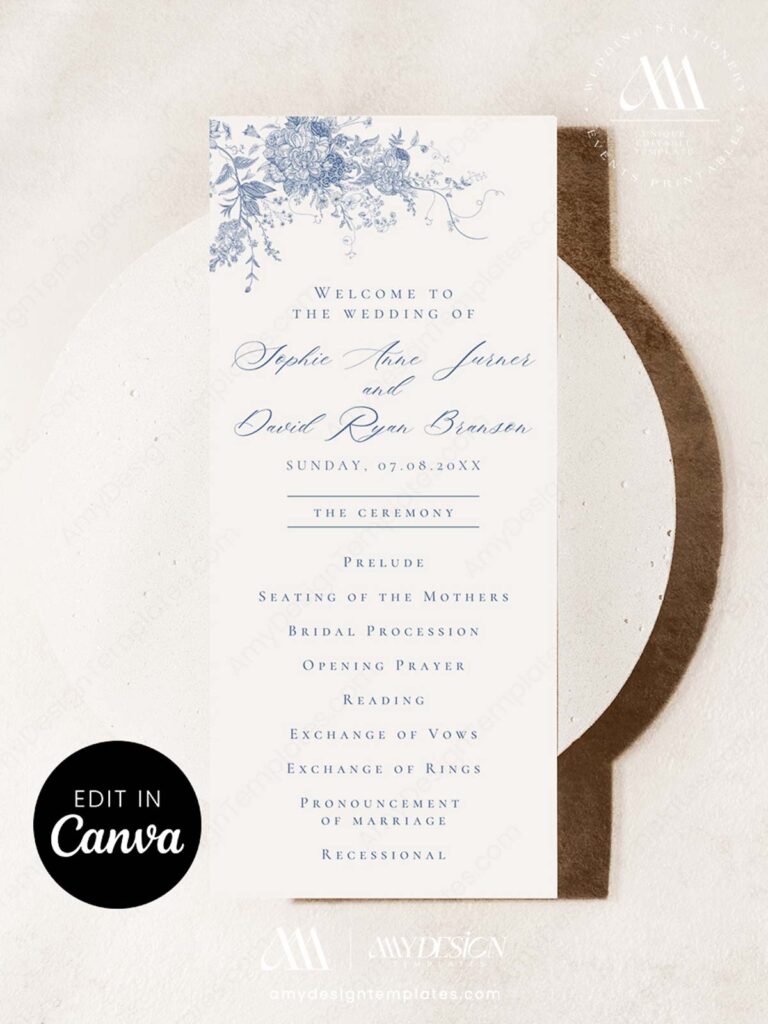 French Toile Wedding Program Canva Template | Monogram Blue Toile De ...