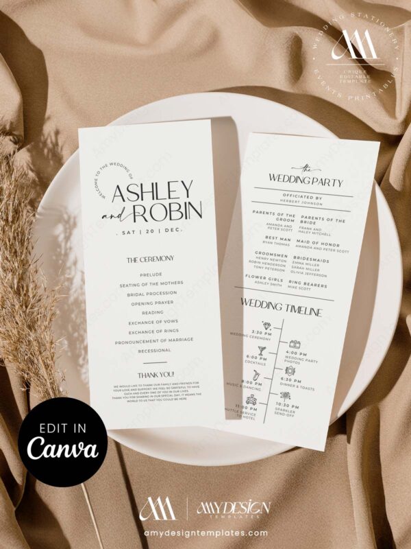 Modern Minimalist Wedding Invitation Template Catholic Wedding Program Canva Template | Church Ceremony Programs