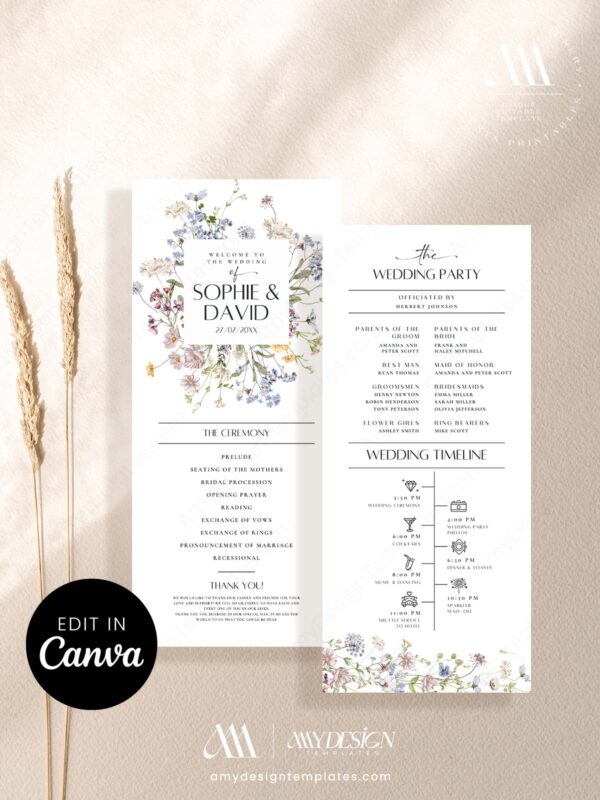 Wedding Program Template Canva Catholic Ceremony | Editable Wildflower Order of Service