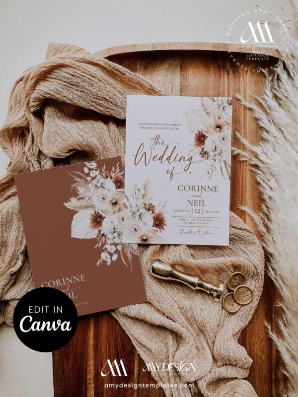 Boho Wedding Invitations Template Canva | Rustic Terracotta Invitation Printable
