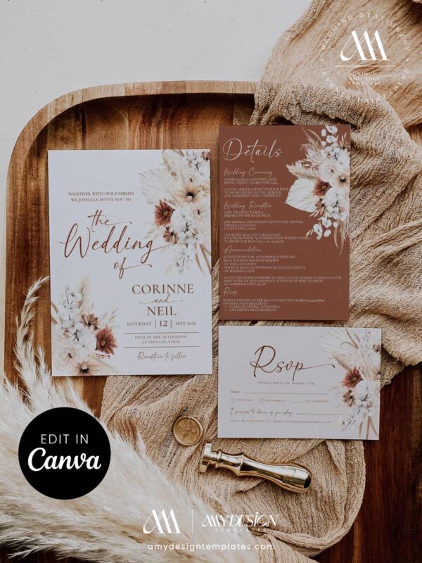 Boho Wedding Invitations Template Canva | Rustic Terracotta Invitation Printable