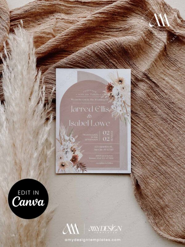 Boho Terracotta Wedding Invitation Canva Template | Arch Bohemian Invite Set Printable