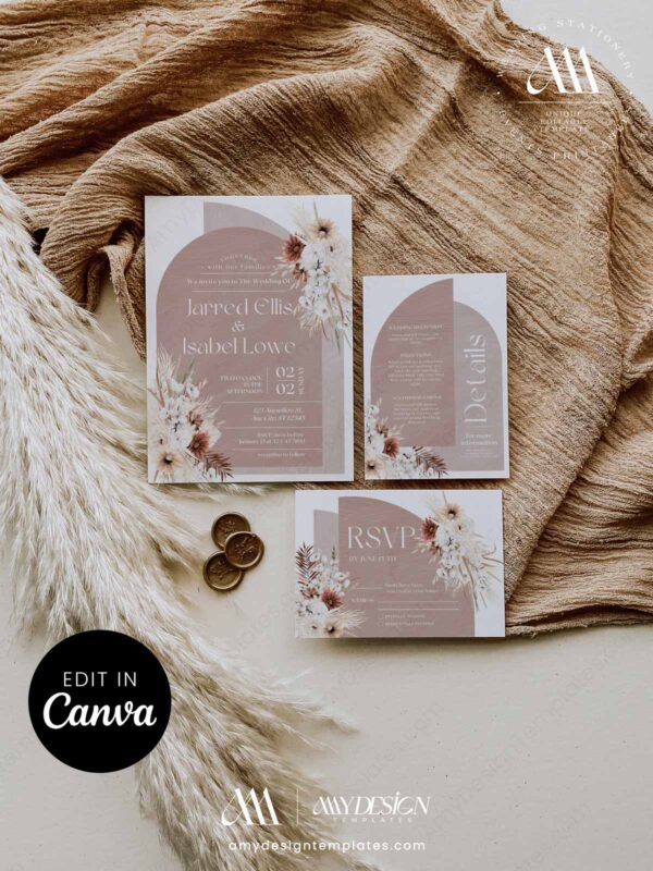 Boho Terracotta Wedding Invitation Canva Template | Arch Bohemian Invite Set Printable