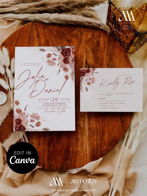 Burgundy Moody Floral Wedding Invitation Canva Template | Rustic Autumn Wedding Invite Set