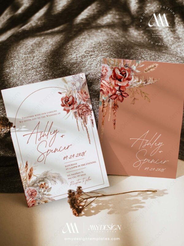 Rust Burnt Orange Wedding Invitation Canva Template | Editable Boho Rustic Invite Suite