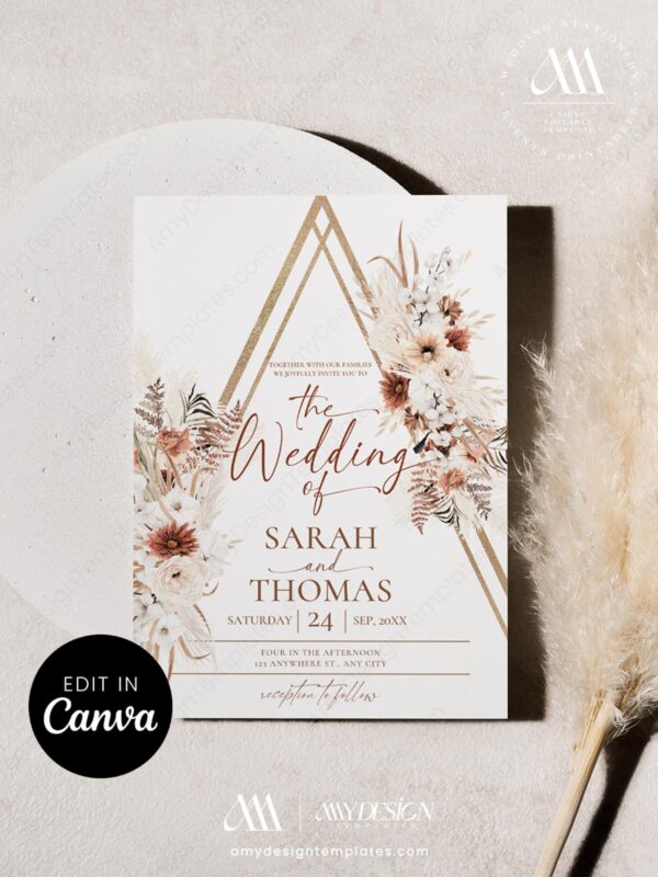 Boho Gold Geometric Wedding Invitation Suite Canva Template | Neutral Dried Floral RSVP Details Card Printable