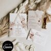 Boho Gold Geometric Wedding Invitation Suite Canva Template | Neutral Dried Floral RSVP Details Card Printable