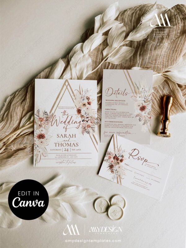 Boho Gold Geometric Wedding Invitation Suite Canva Template | Neutral Dried Floral RSVP Details Card Printable