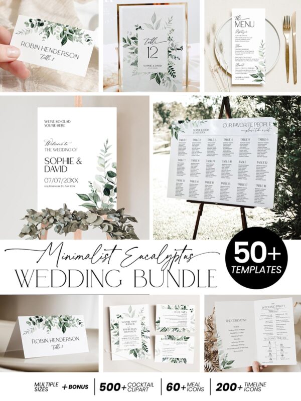 Minimalist Eucalyptus Wedding Invitation BUNDLE | Modern Wedding Stationery Templates