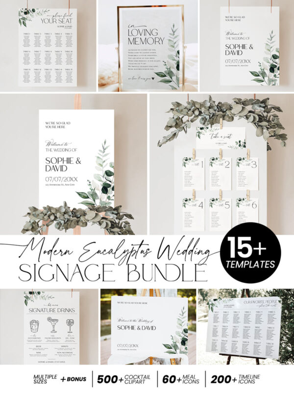 Modern Eucalyptus Wedding Signage Template | Reception Signs Printable