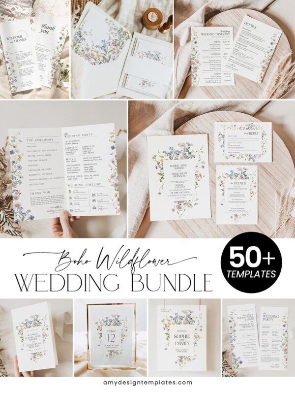 Boho Wildflower Wedding Invitation BUNDLE | 50+ Editable Templates Full Suite
